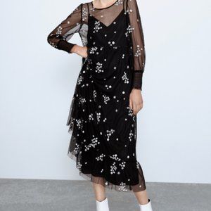 Zara Womens Tulle Midi Dress M Black Floral